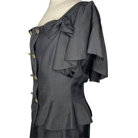 Nipon Boutique 2 Piece Silk Set Blouse and Skirt Peplum Ruffle Bow VTG Black 4 - Picture 13 of 13